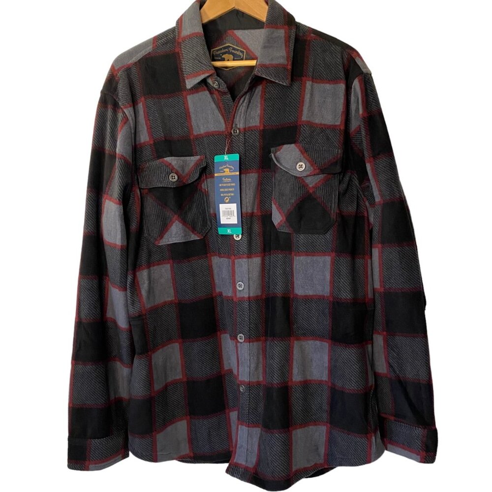 Freedom Foundry gray red plaid flannel shirt shacket pockets metal buttons menXL